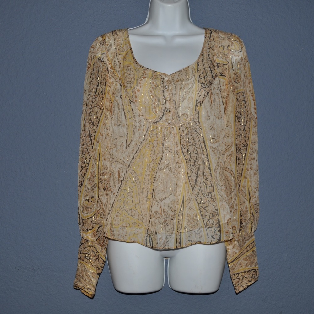 BCBGMAXAZRIA Gold Metallic Stripe Paisley Blouse - Picture 1 of 6